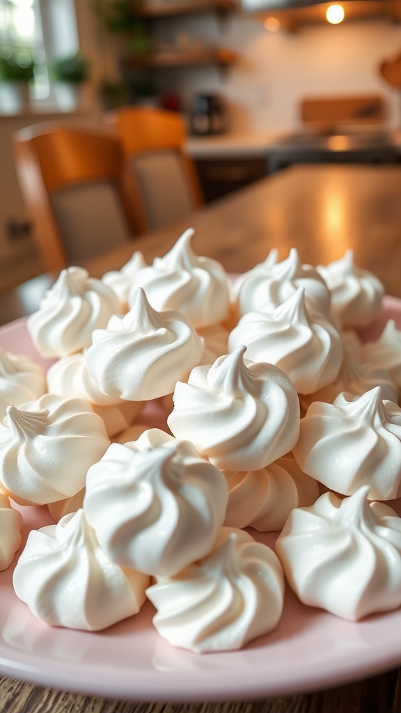 Light and Crispy 0 Point Meringue Cookies Recipe A close-up of light and crispy meringue cookies on a pastel plate in a cozy kitchen.